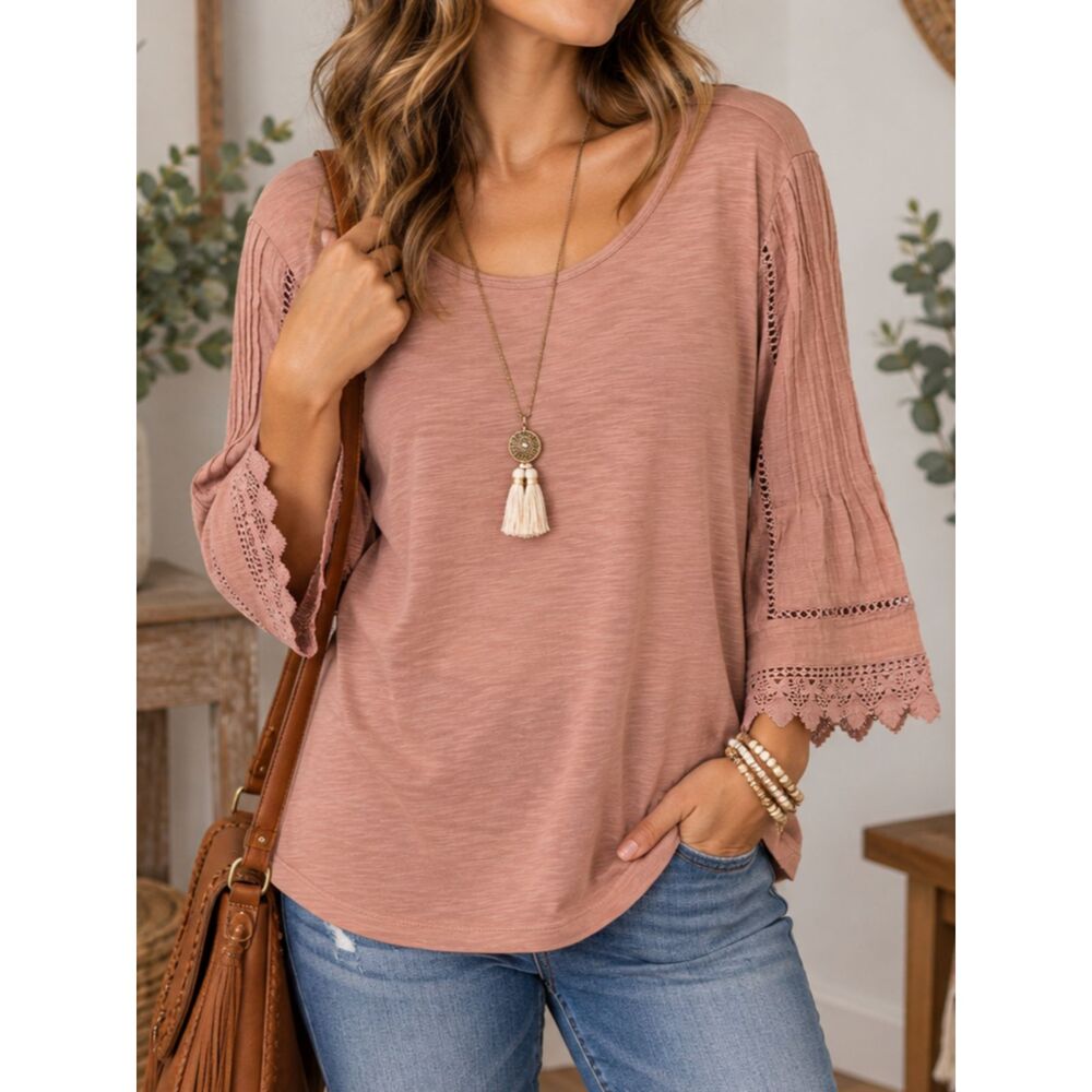 J. Jill Small Dusty Rose Boho Lace Bell Sleeve Slub Knit Top Crochet Trim